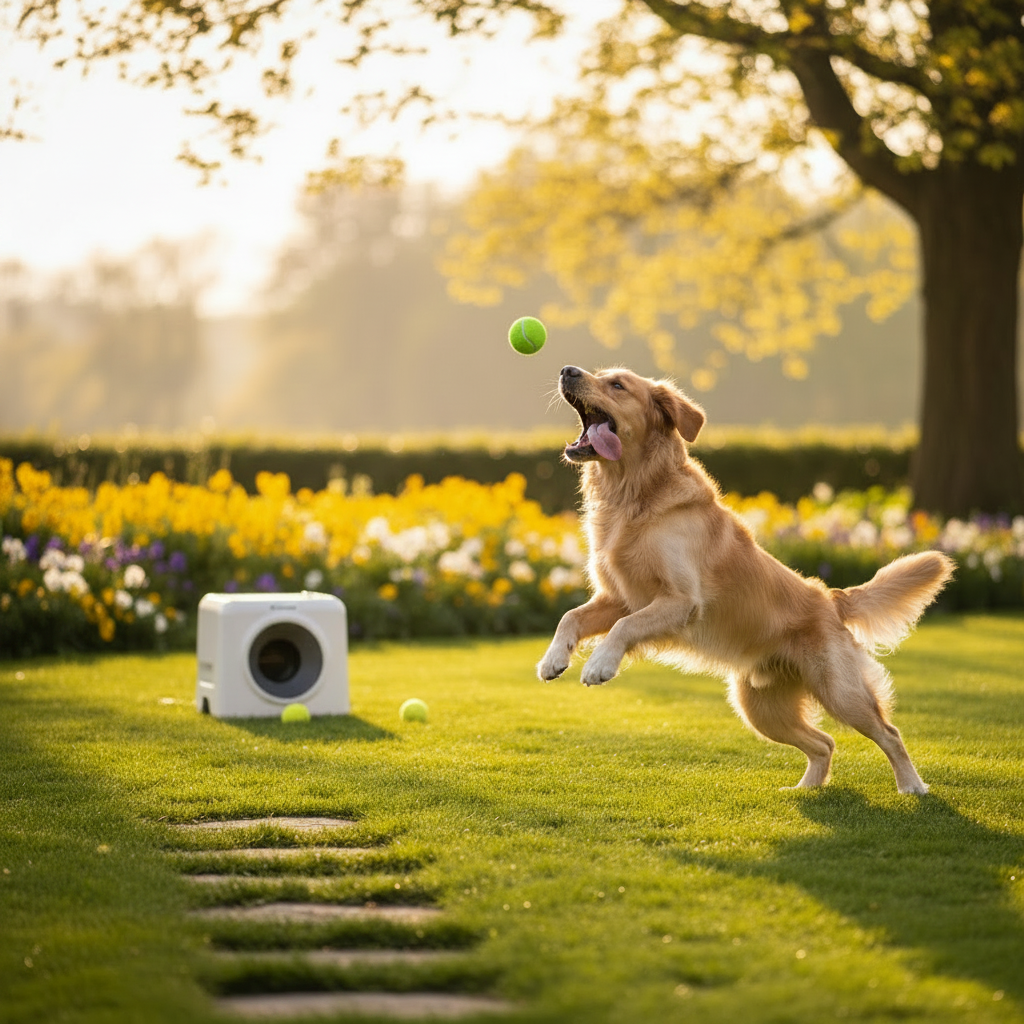 Golden retriever leaping to catch a green tennis ball in a sunny garden with automatic ball launcher