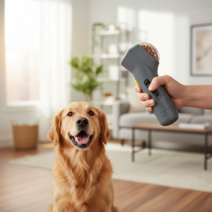 Person holding grey pet treat launcher aimed at an excited dog in a bright living room